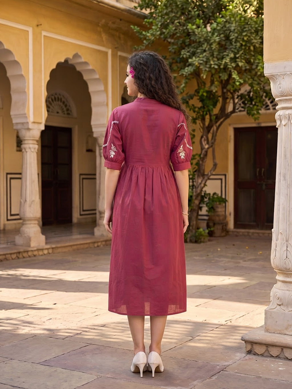 Zummer Women’s Magenta Floral Embroidered Empire Midi Dress with Puff Sleeves