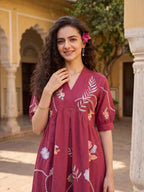 Zummer Women’s Magenta Floral Embroidered Empire Midi Dress with Puff Sleeves