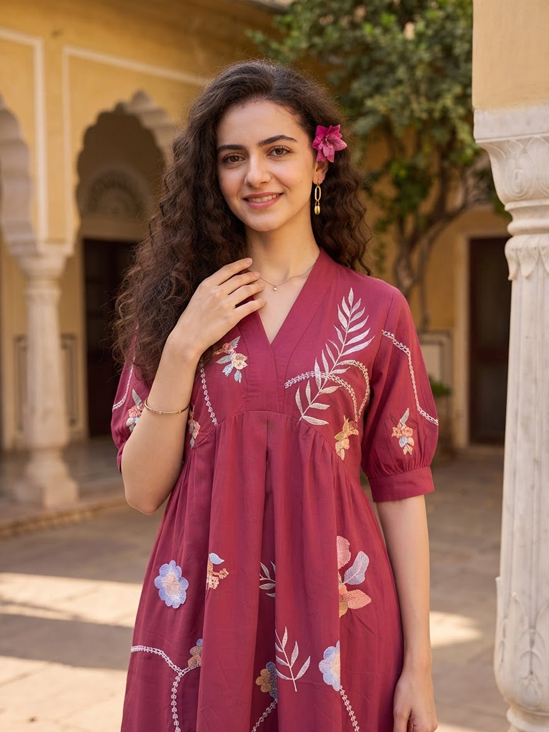 Zummer Women’s Magenta Floral Embroidered Empire Midi Dress with Puff Sleeves