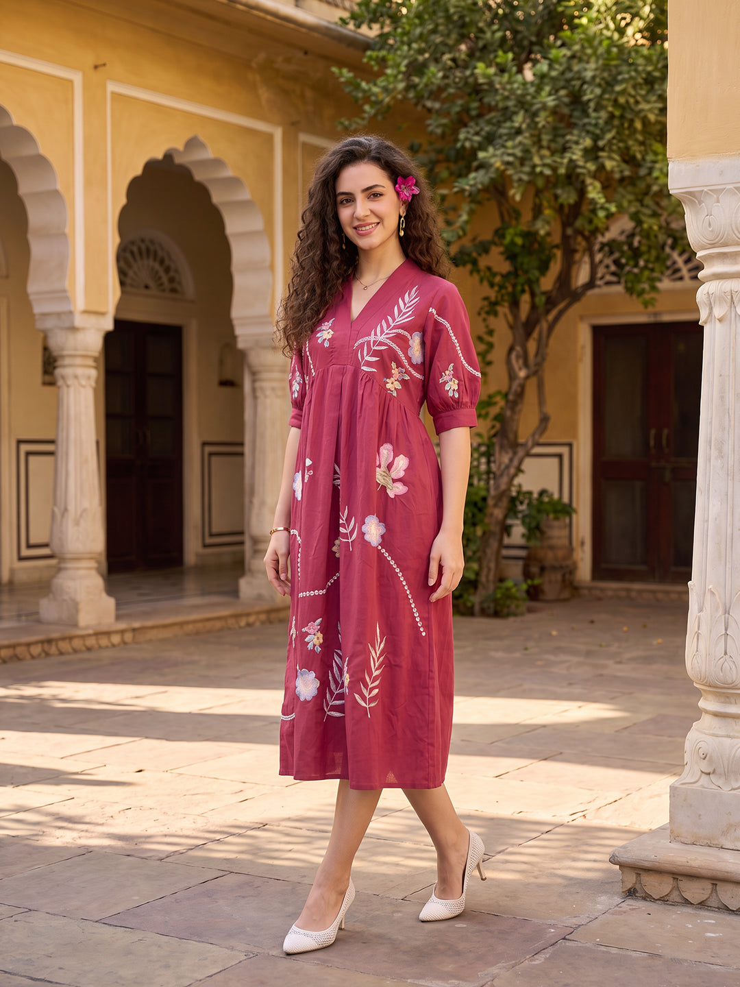 Zummer Women’s Magenta Floral Embroidered Empire Midi Dress with Puff Sleeves