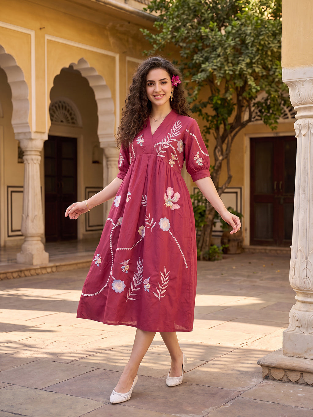 Zummer Women’s Magenta Floral Embroidered Empire Midi Dress with Puff Sleeves