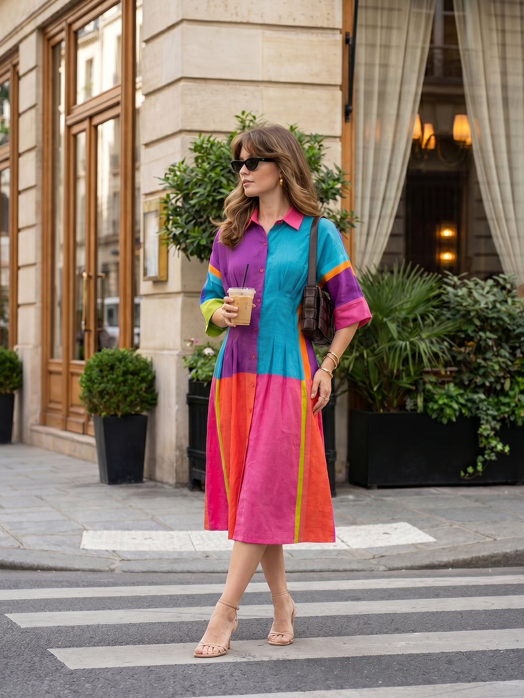 Colour Block Cotton Midi Shirt Dress with Kimono Sleeves