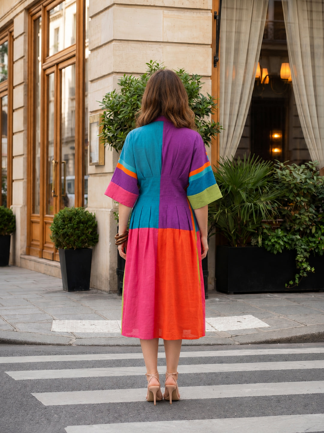 Colour Block Cotton Midi Shirt Dress with Kimono Sleeves