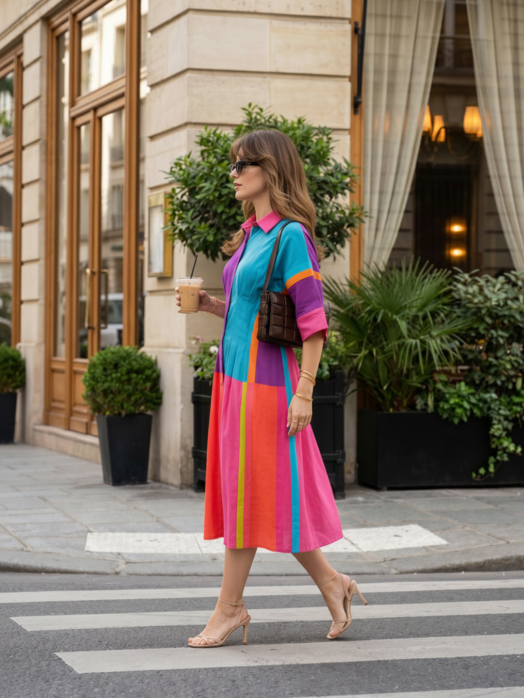 Colour Block Cotton Midi Shirt Dress with Kimono Sleeves