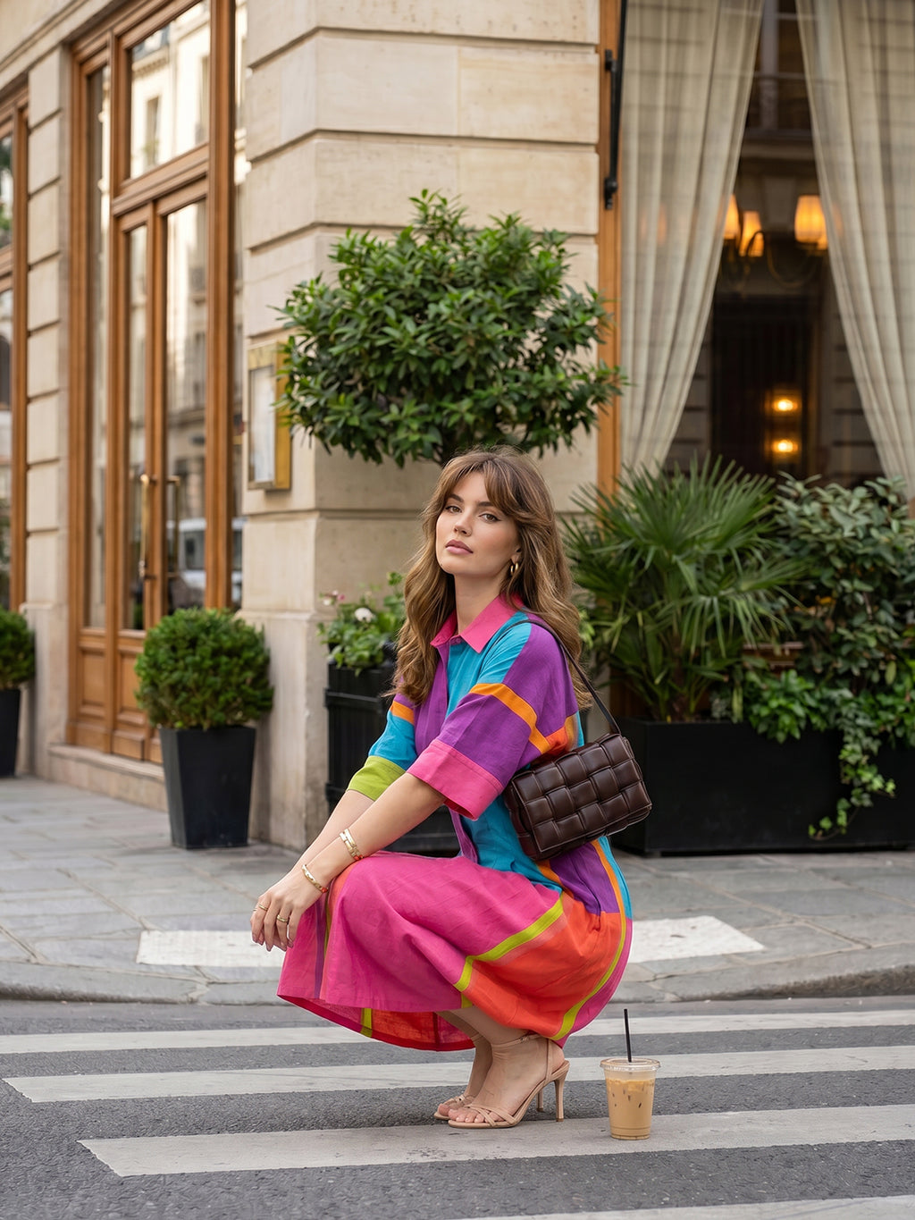 Colour Block Cotton Midi Shirt Dress with Kimono Sleeves