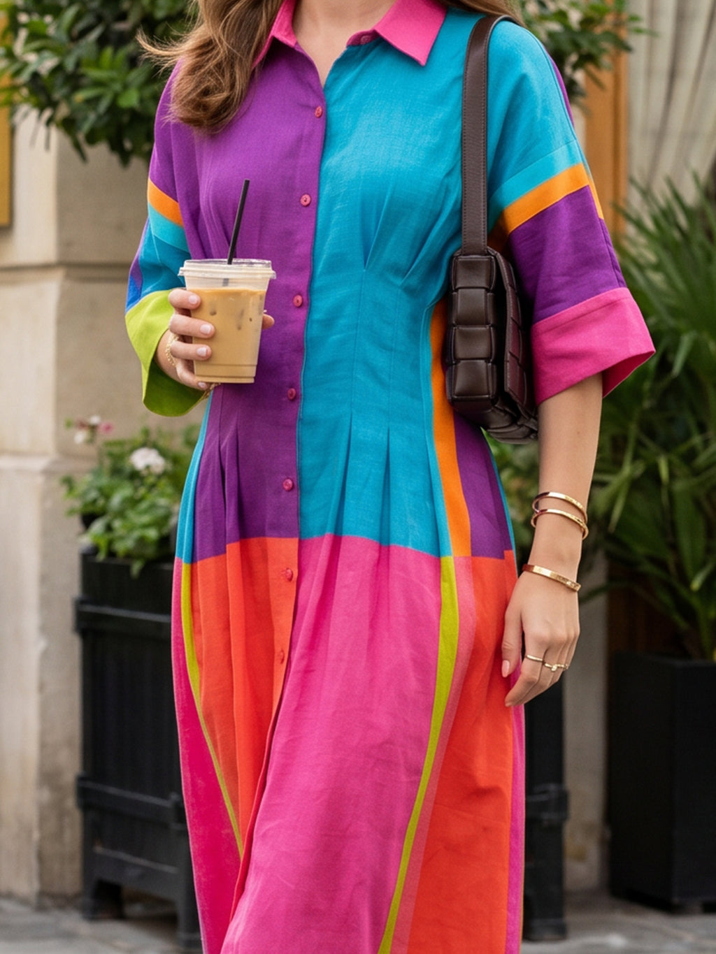 Colour Block Cotton Midi Shirt Dress with Kimono Sleeves