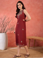 Maroon Cotton Embroidered Sheath Dress with No Sleeves