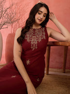 Maroon Cotton Embroidered Sheath Dress with No Sleeves