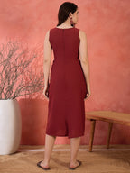 Maroon Cotton Embroidered Sheath Dress with No Sleeves
