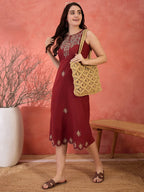 Maroon Cotton Embroidered Sheath Dress with No Sleeves