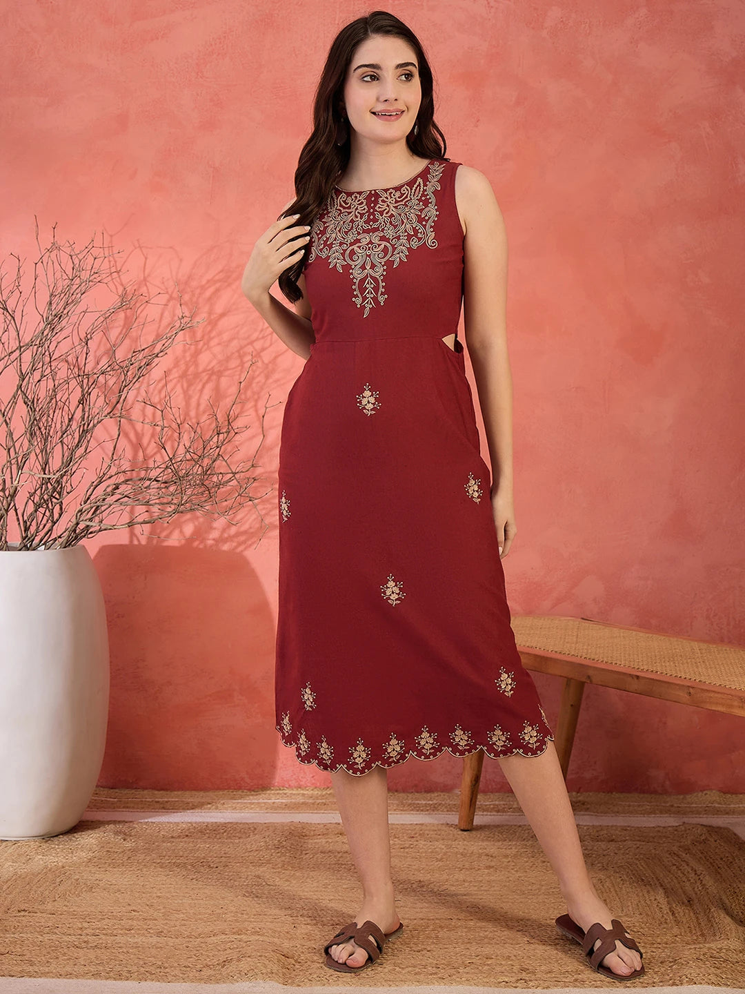 Maroon Cotton Embroidered Sheath Dress with No Sleeves
