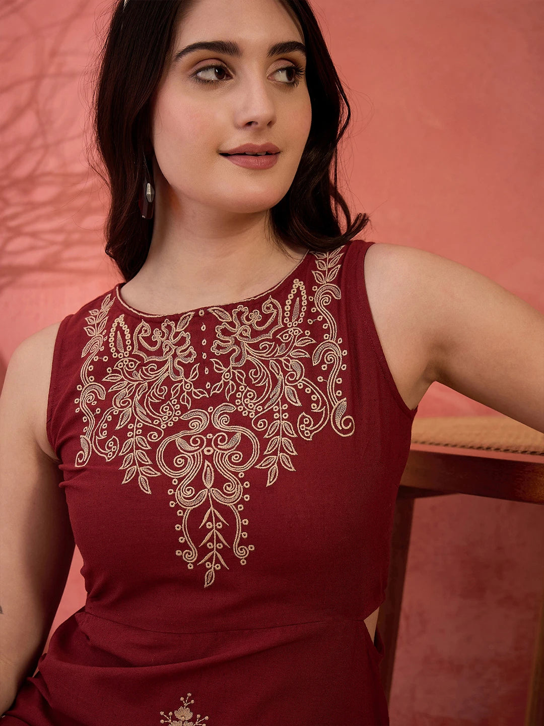 Maroon Cotton Embroidered Sheath Dress with No Sleeves