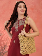 Maroon Cotton Embroidered Sheath Dress with No Sleeves