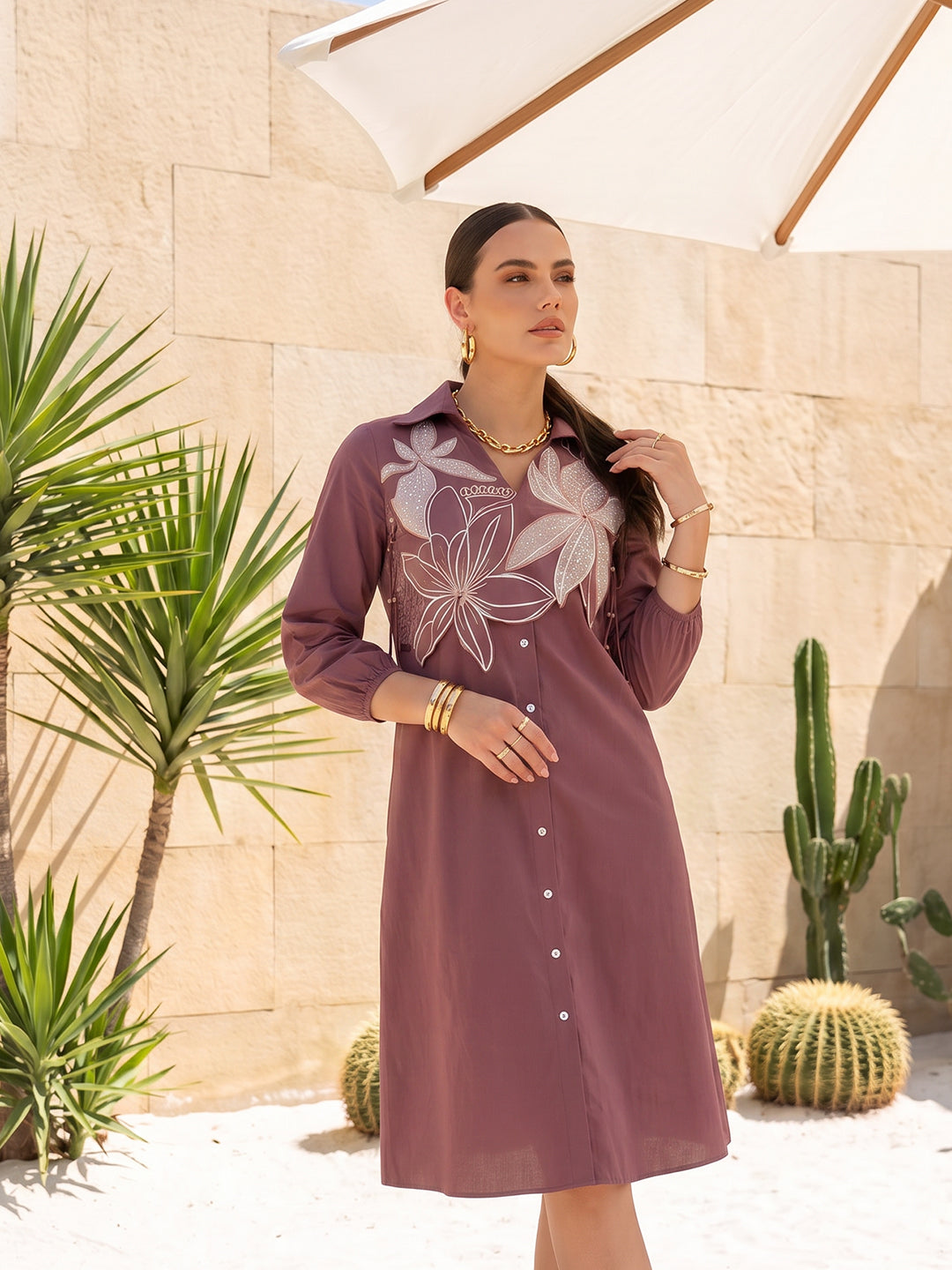 Zummer Women Mauve Embroidered Cotton Shirt Dress