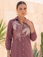 Zummer Women Mauve Embroidered Cotton Shirt Dress