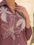 Zummer Women Mauve Embroidered Cotton Shirt Dress