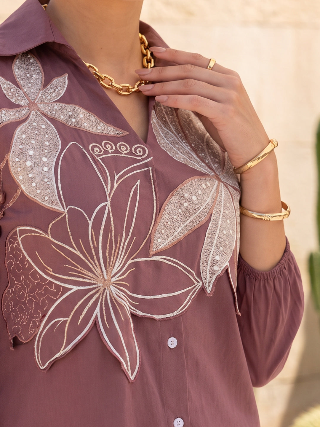 Zummer Women Mauve Embroidered Cotton Shirt Dress