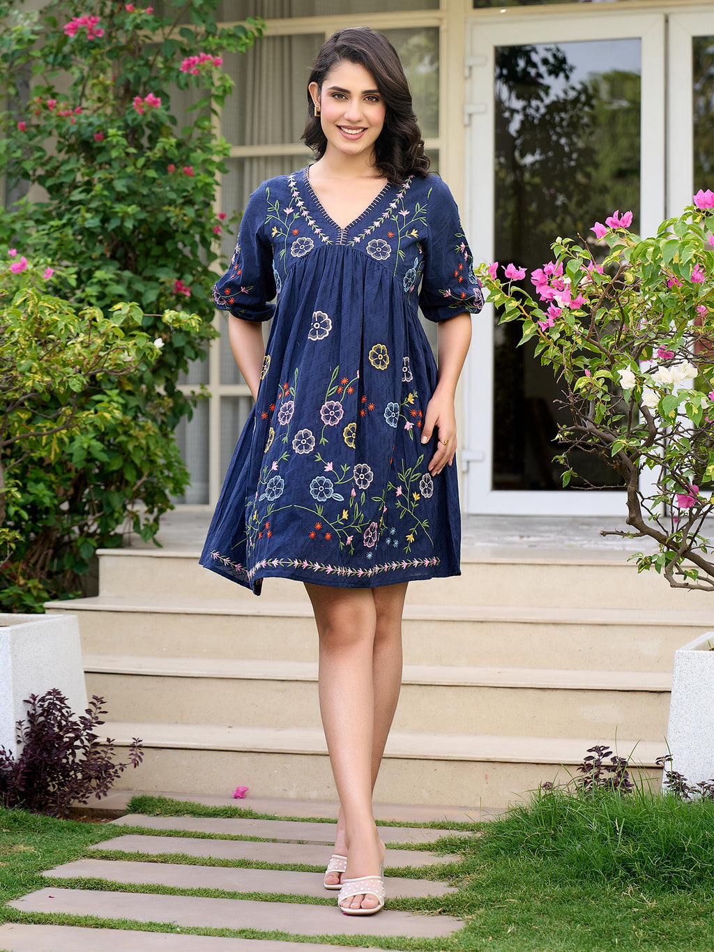 Floral Embroidered Puff Sleeve V-Neck A-Line Dress