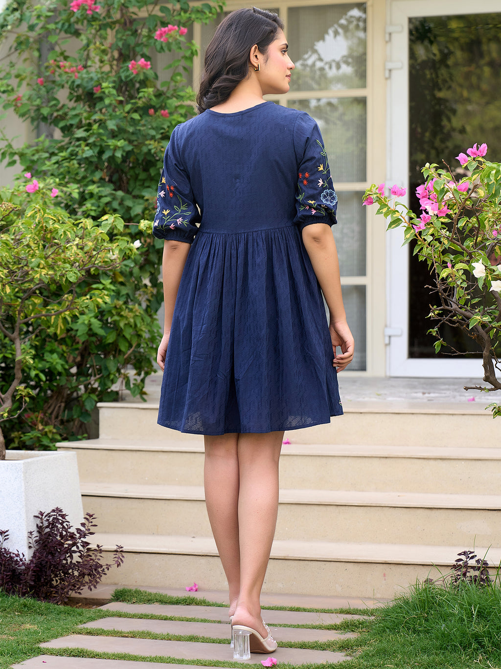 Floral Embroidered Puff Sleeve V-Neck A-Line Dress