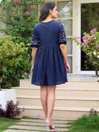 Floral Embroidered Puff Sleeve V-Neck A-Line Dress
