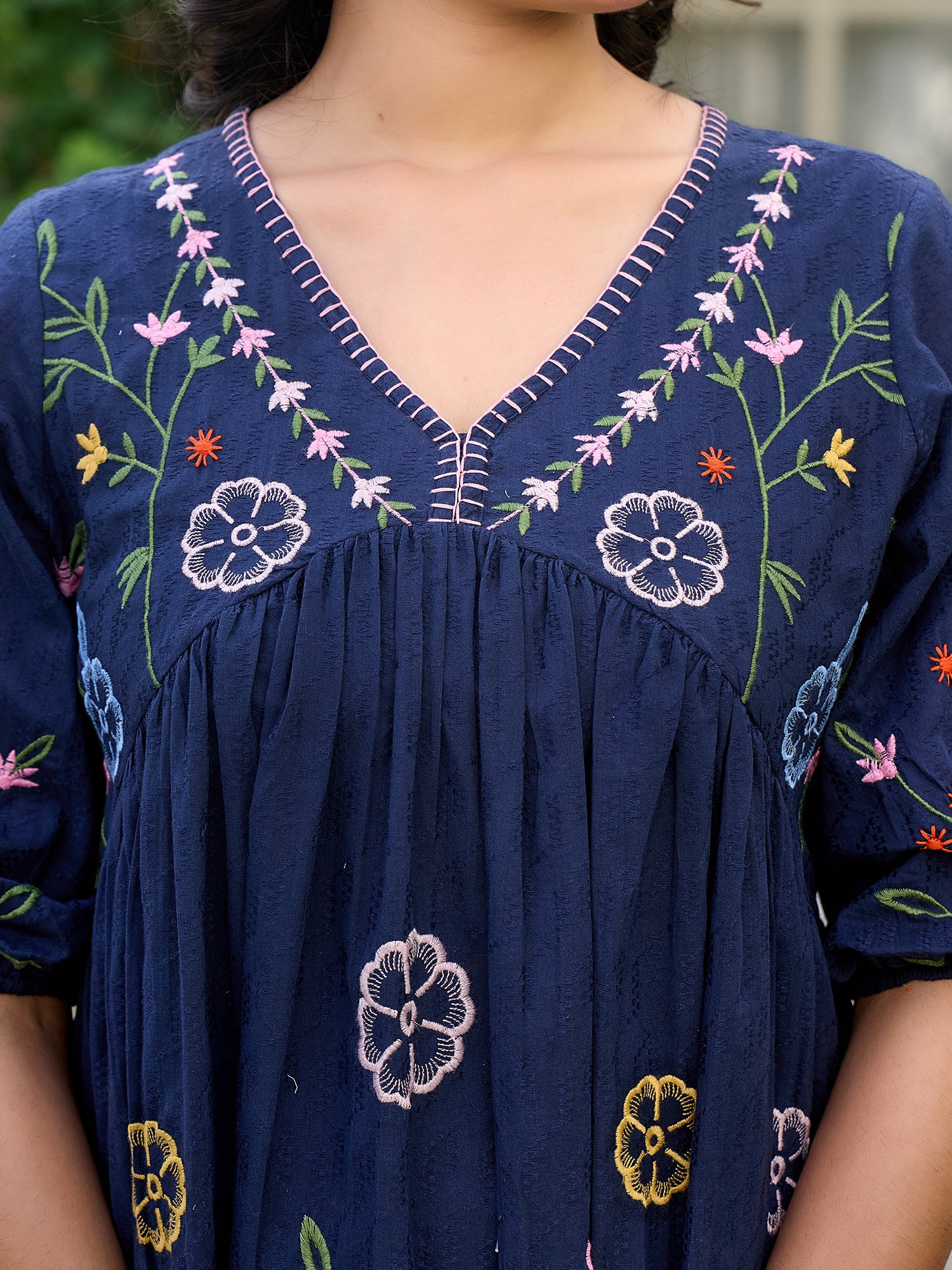 Floral Embroidered Puff Sleeve V-Neck A-Line Dress