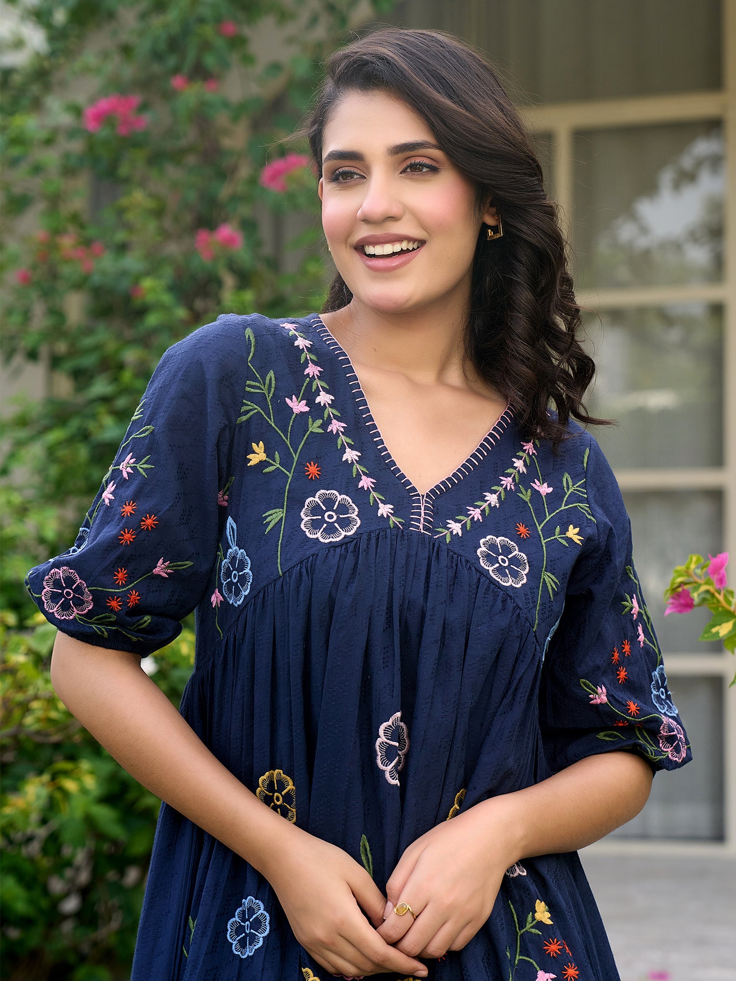 Floral Embroidered Puff Sleeve V-Neck A-Line Dress