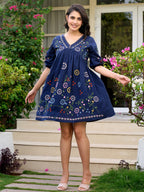 Floral Embroidered Puff Sleeve V-Neck A-Line Dress