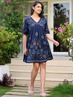 Floral Embroidered Puff Sleeve V-Neck A-Line Dress