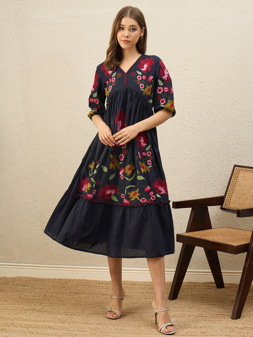Navy blue floral embroidered empire dress