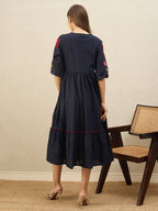 Navy blue floral embroidered empire dress
