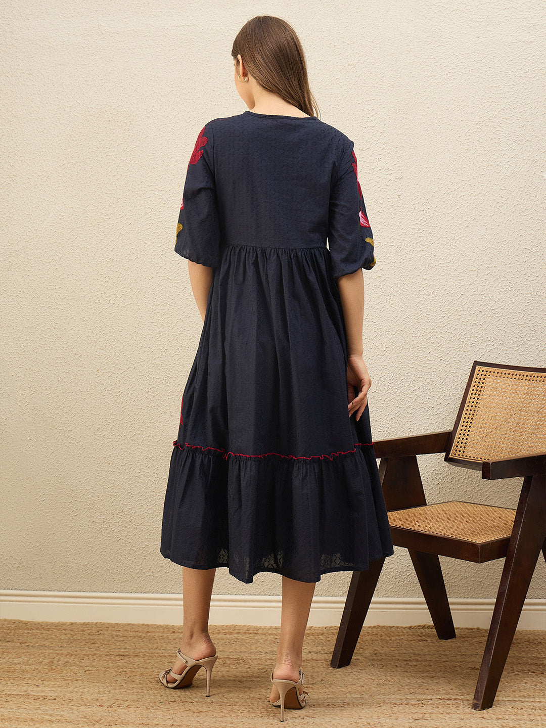 Navy blue floral embroidered empire dress