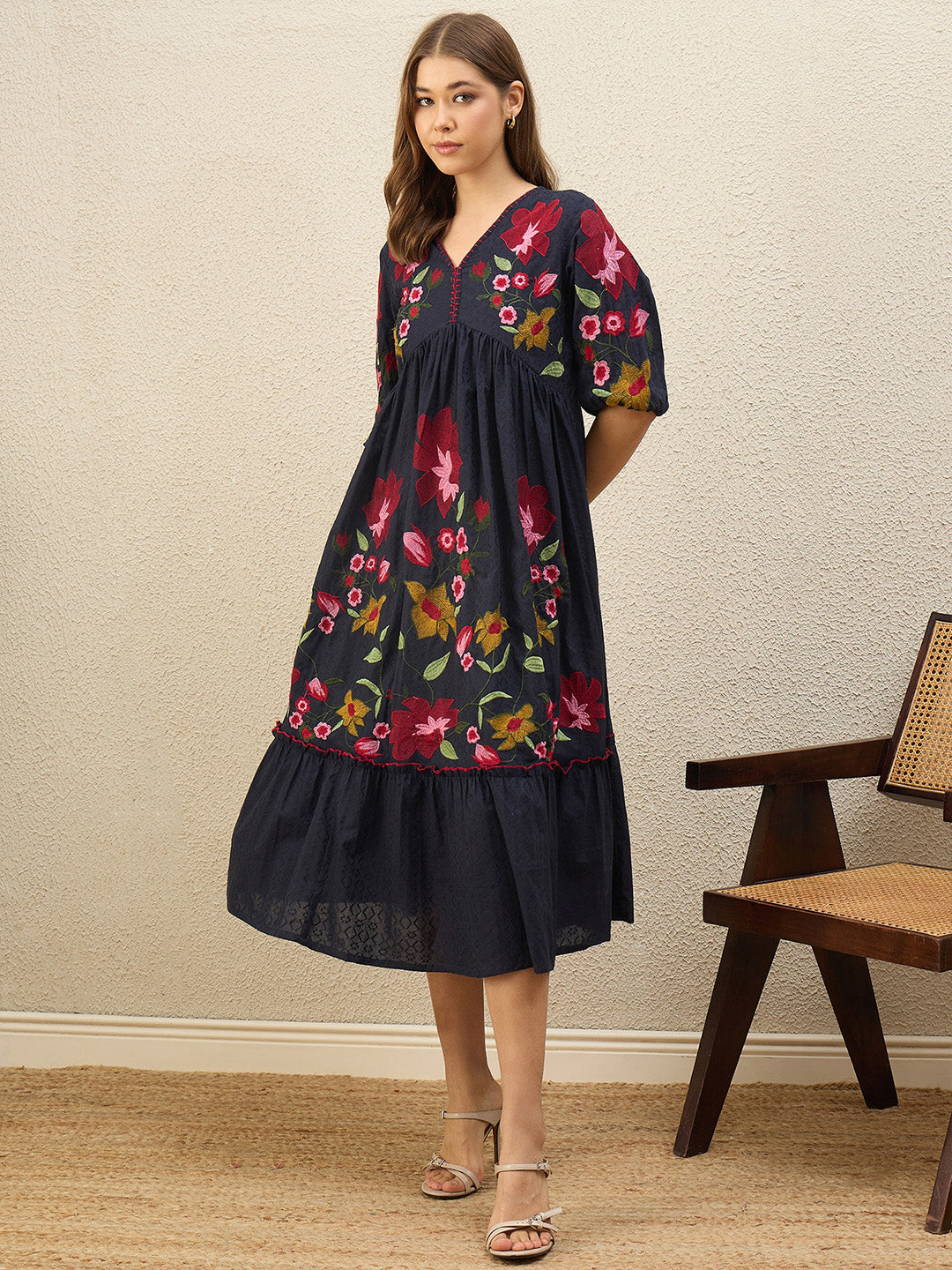 Navy blue floral embroidered empire dress