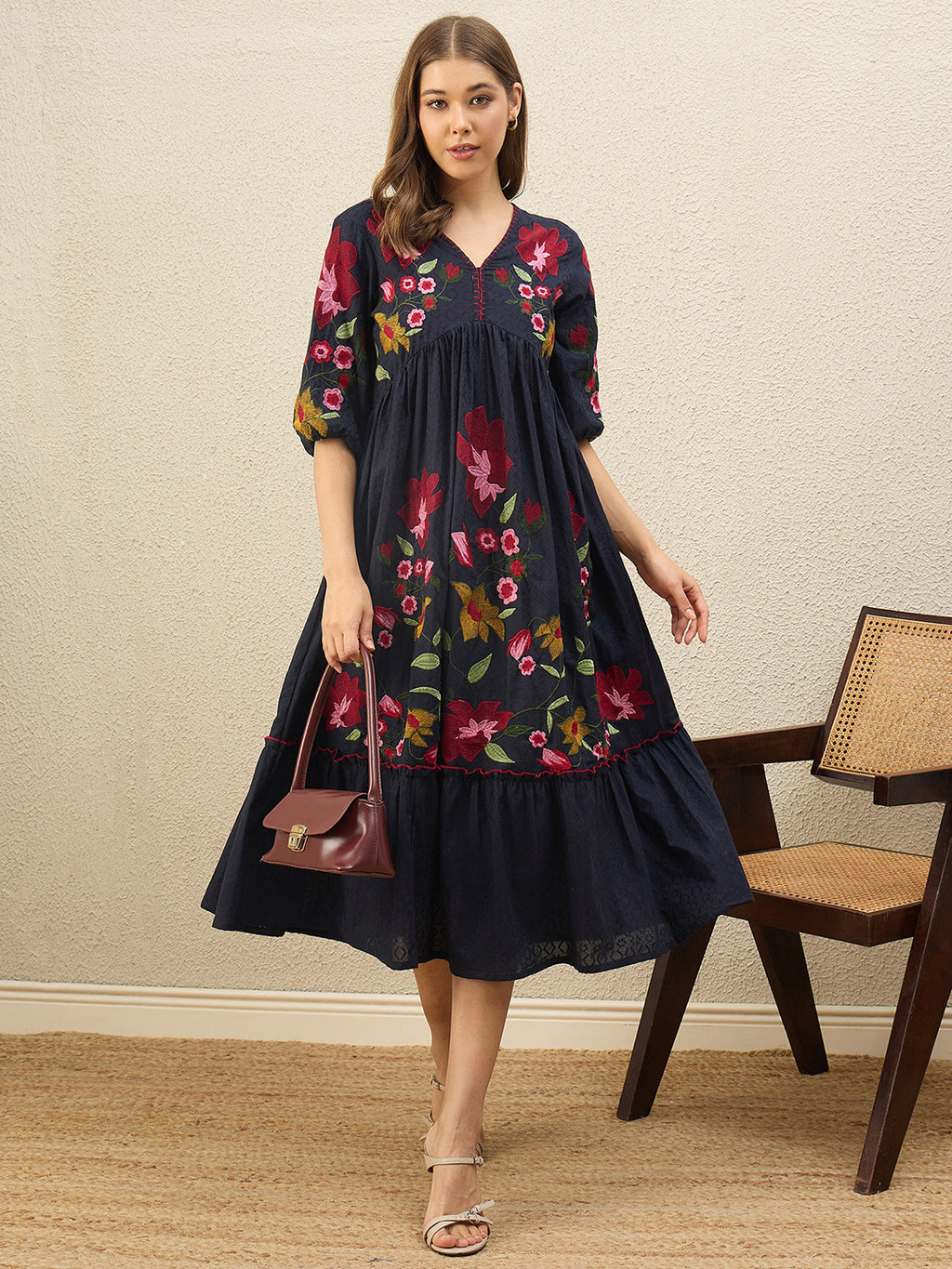 Navy blue floral embroidered empire dress