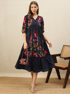 Navy blue floral embroidered empire dress