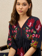 Navy blue floral embroidered empire dress