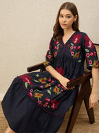 Navy blue floral embroidered empire dress
