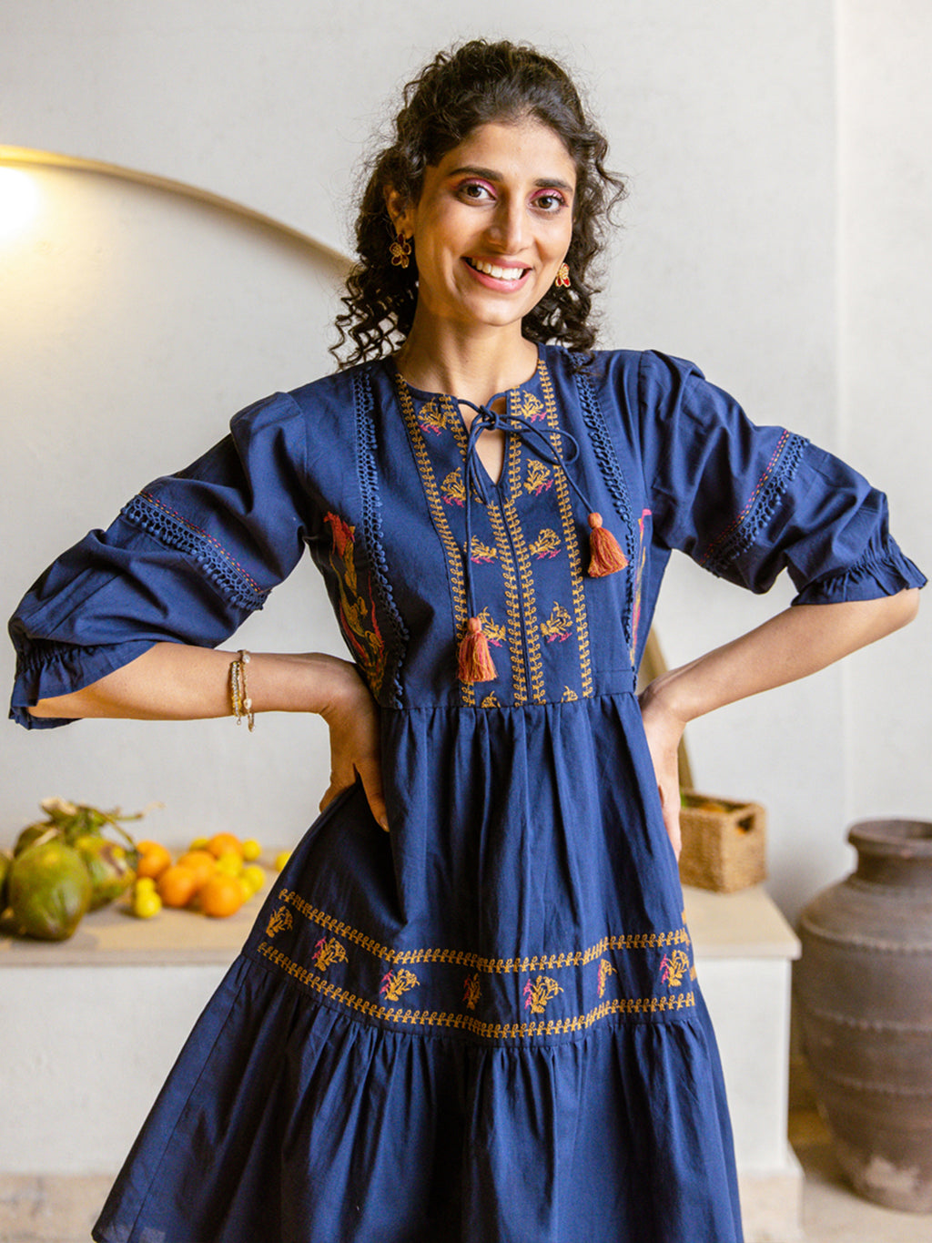 Navy blue Embroidered Fit And Flare Short Dress