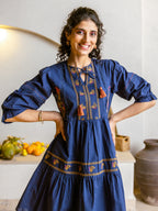 Navy blue Embroidered Fit And Flare Short Dress