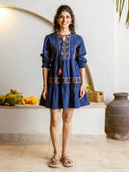 Navy blue Embroidered Fit And Flare Short Dress