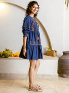Navy blue Embroidered Fit And Flare Short Dress