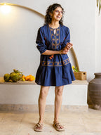Navy blue Embroidered Fit And Flare Short Dress