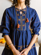 Navy blue Embroidered Fit And Flare Short Dress