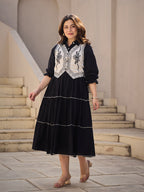 Zummer Women Navy Blue Embroidered Cotton Midi Dress Jacket