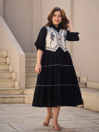 Zummer Women Navy Blue Embroidered Cotton Midi Dress Jacket