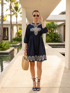 Zummer Women Navy Blue Embroidered Fit & Flare Dress