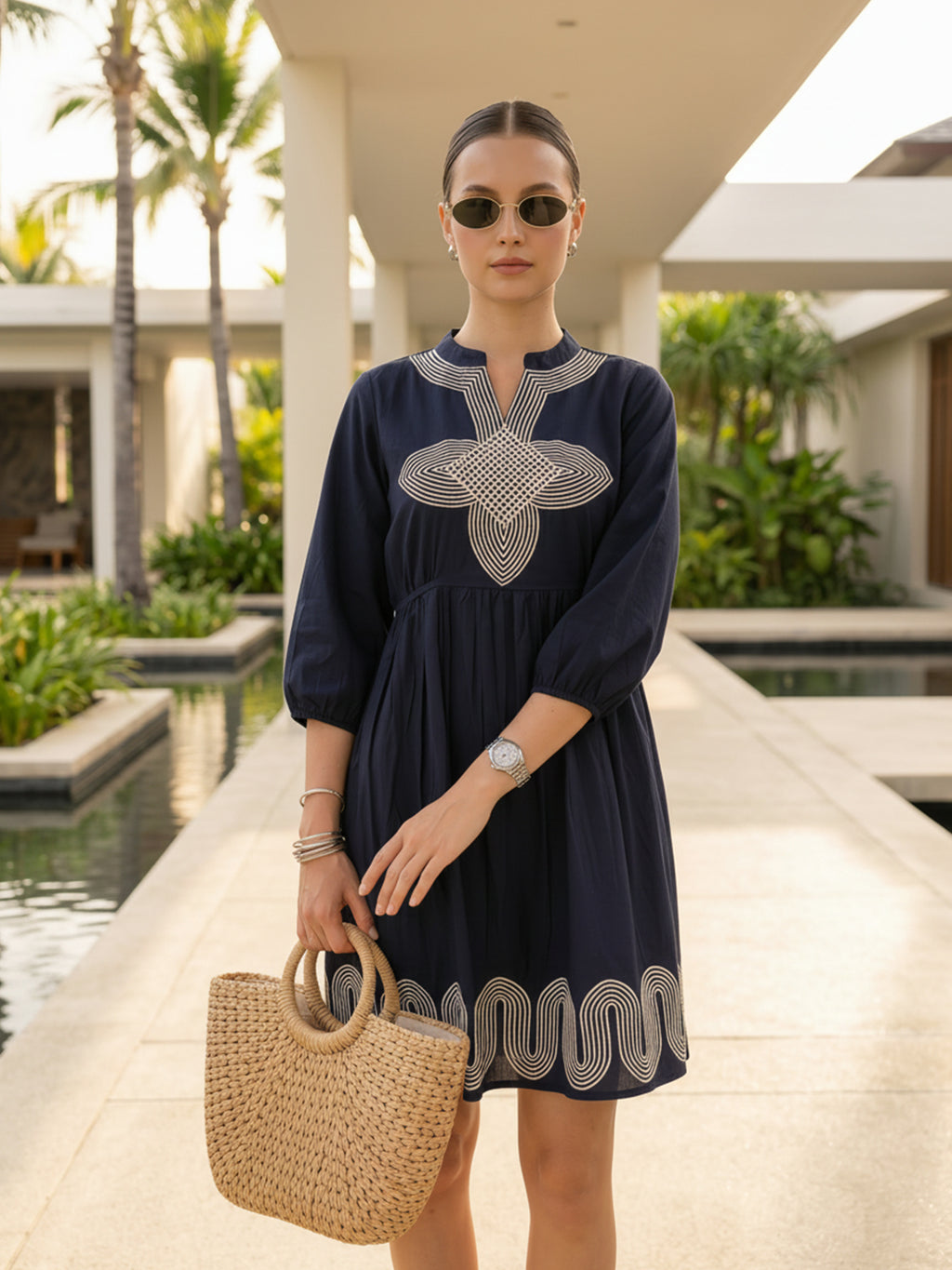 Zummer Women Navy Blue Embroidered Fit & Flare Dress