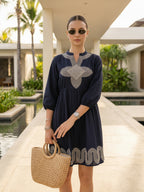 Zummer Women Navy Blue Embroidered Fit & Flare Dress