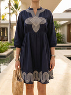 Zummer Women Navy Blue Embroidered Fit & Flare Dress
