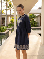 Zummer Women Navy Blue Embroidered Fit & Flare Dress