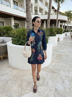 Zummer Navy Blue Tropical Embroidered Cotton Shirt Dress for Women